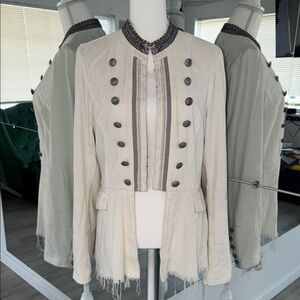 Free People Cream Military-Style Blazer with Embellished Trim